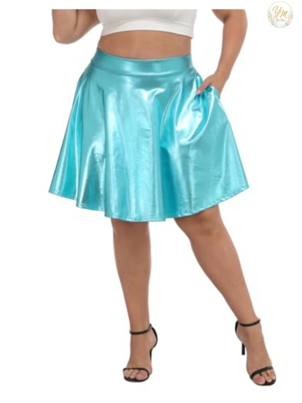 Plus Size Shiny Metallic Skater Skirt Holographic Pleated High Waisted